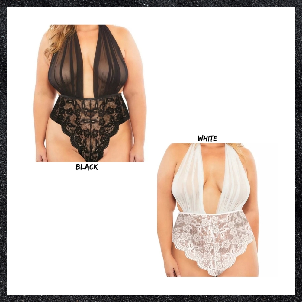 Black Sheer Lace Halter Bodysuit - Picture 4 of 4